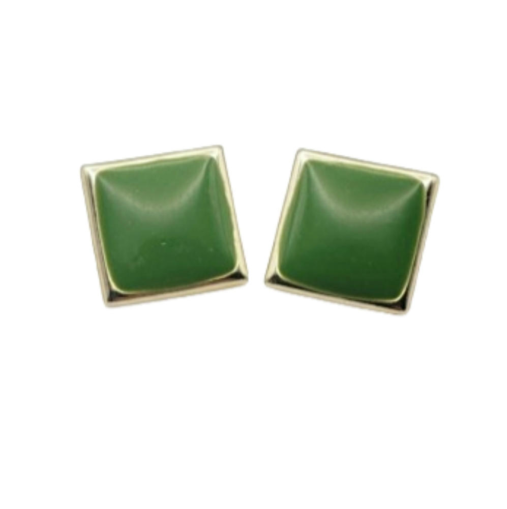 Vintage Green Enamel and Gold Square Button Posts
